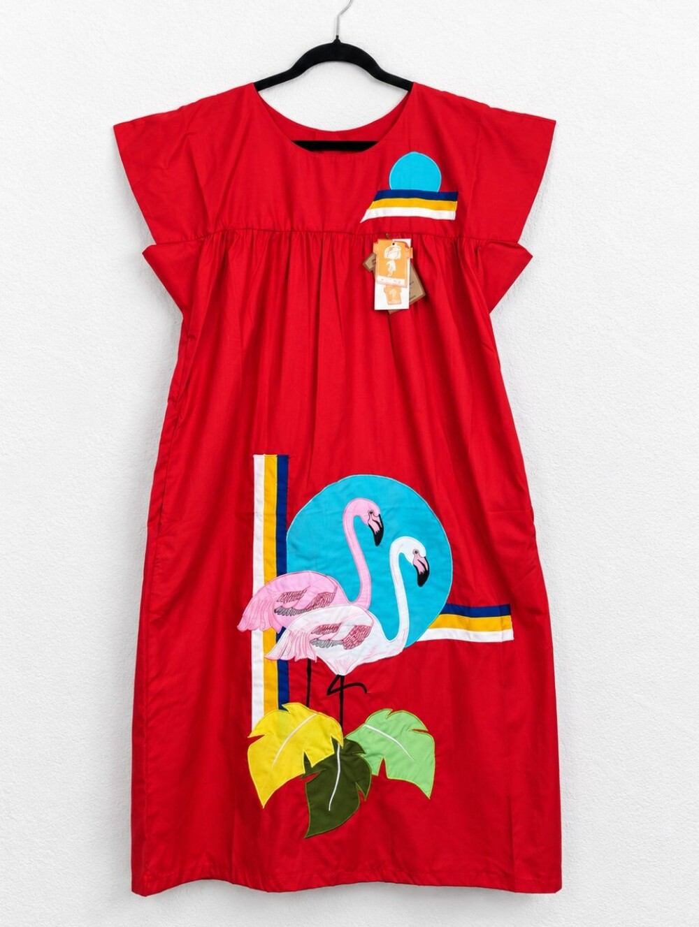 Vintage 70s Bordados Tiscareño NWT Mexican Flamingo Appliqué Dress L 40